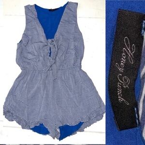 Honey Punch Tie Front Blue and White Striped Short Sleeveless Romper LG